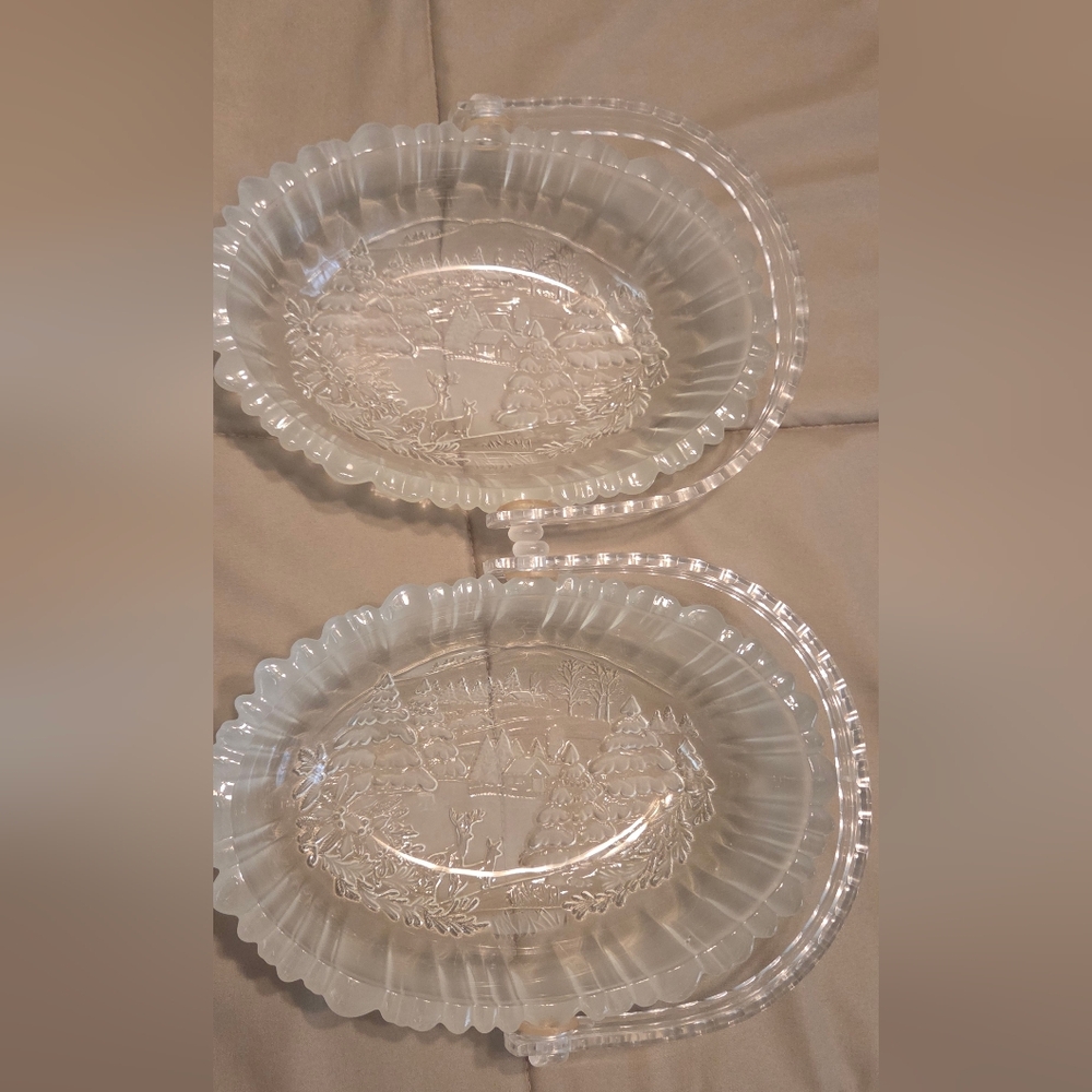 Vintage Indiana Glass Frosted Deer Winter Scene Serving Plates – Set of 2